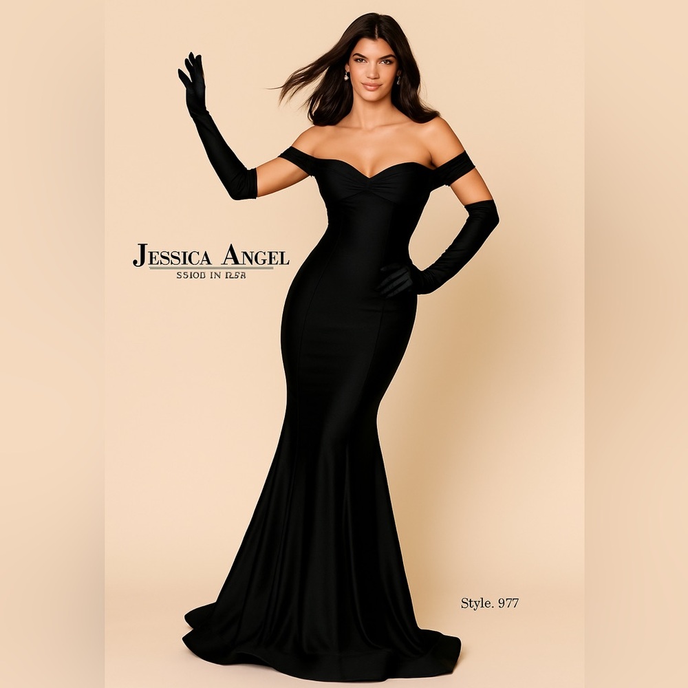 Jessica Angel off shoulder gown, scrunch back. In black size xs style JA977